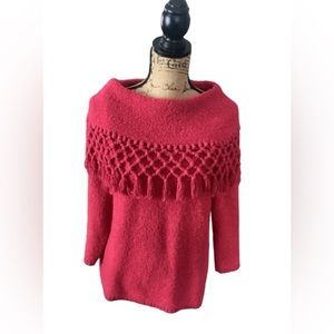 Very cute red knobby sweater, acrylic/poly blend, soft and light.